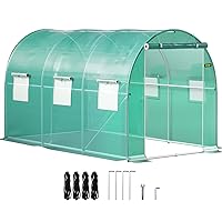 VEVOR 12 x 7 x 7 ft Walk-in Tunnel Greenhouse, Portable Plant Hot House w/ Galvanized Steel Hoops, 1 Top Beam, 2 Diagonal Poles, 2 Zippered Doors & 6 Roll-up Windows, Green