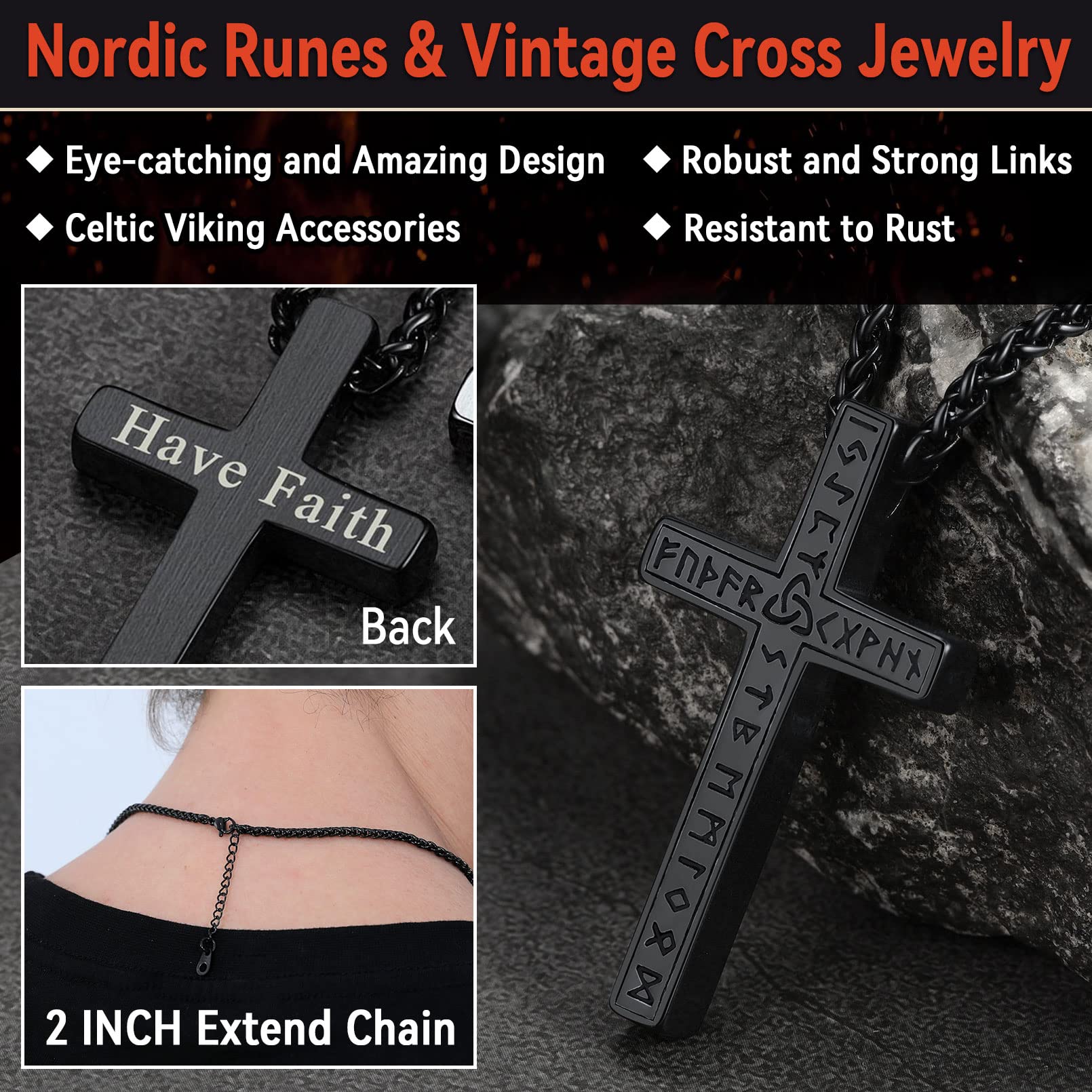 FaithHeart Cross Necklace for Men, Christian Crucifix Protection Amulet Pendant Necklace Stainless Steel Jewelry for Women