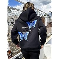 Sweatshirtw for Women - Slogan & Butterfly Print Thermal Lined Hoodie (Color : Black, Size : X-Small)
