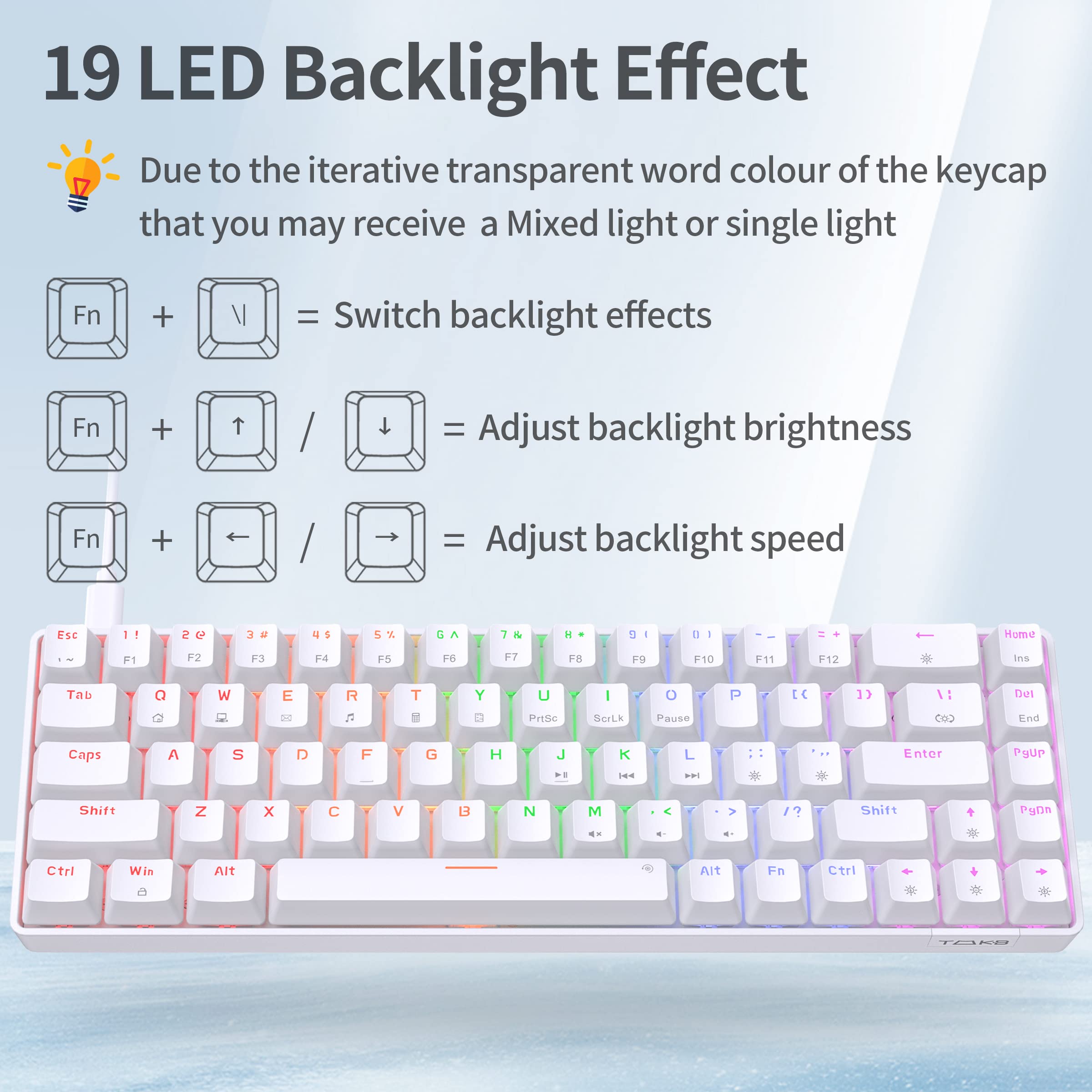 TMKB 60 Percent Keyboard,Gaming Keyboard 60 Percent, LED Backlit Ultra-Compact 68 Keys 60 Percent Mechanical Keyboard with Separate Arrow/Control Keys, T68SE, Blue Switch