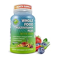 Vegan Whole Food Multivitamin with Iron, Daily Multivitamin for Women and Men, Made with Fruits & Vegetables, B-Complex, Probiotics, Enzymes, CoQ10, Omegas, Turmeric, Non-GMO, 90 Count