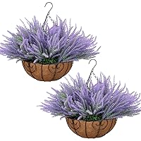 2 Pack Artificial Hanging Plants Flowers Basket for Outdoor Spring Decor Fake Faux Purple Lavender in Pot Planter Look Real UV Resistant for Porch Balcony Patio Home Outside Decoration