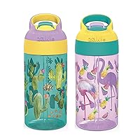 Zak Designs 16oz Riverside Desert Life Kids Water Bottle with Straw and Built in Carrying Loop Made of Durable Plastic, Leak-Proof Design for Travel, Cactus-Flamingo Pineapple, 2PK Set