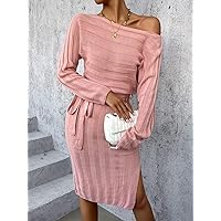 Sweater Dress for Women Batwing Sleeve Split Hem Belted Sweater Dress Sweater Dress for Women (Color : Pink, Size : Large)