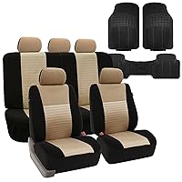 Car Seat Covers Airbag and Split Rear Full Set Trendy Elegance 3D Air Mesh Seat Covers Beige Universal Fit Interior Accessories with Combo Vinyl Floor Mats for Cars Vans Trucks and SUV
