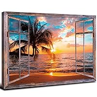 Sunset Beach Wall Art Picture for Living Room - Window Frame Style Canvas Wall Decor Ocean Coastal Poster Blue Sea and Palm Tree Landscape Painting Artwork for Bedroom Office Home Decoration 32x48