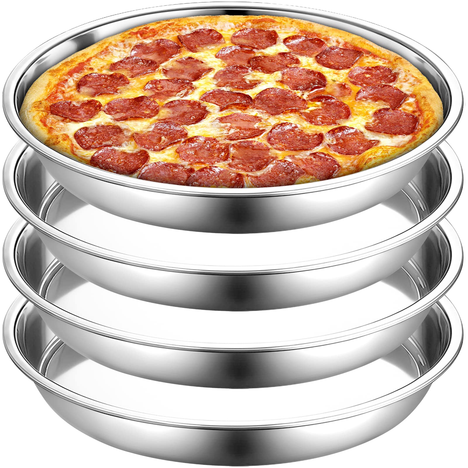 Elsjoy 4 Pack 13 Inch Stainless Steel Pizza Pan, Deep Round Baking Pan Large Pizza Baking Tray, Heavy-Duty Pizza Dish Non-Stick Baking Sheet for Oven, Dishwasher Safe