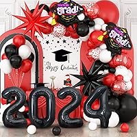 Graduation Balloons Garland Arch Kit, Graduation Balloons Class of 2024, Red Black and White Latex Balloons with Graduation Class Foil Balloons for 2024 Graduation Party Decor
