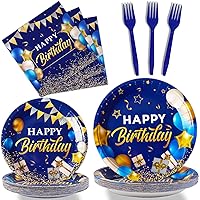 gisgfim 96 Pcs Blue and Gold Birthday Plates and Napkins Party Supplies Navy Blue Party Tableware Set Happy Birthday Decorations Favors for Men Women Birthday Baby Shower for 24 Guests