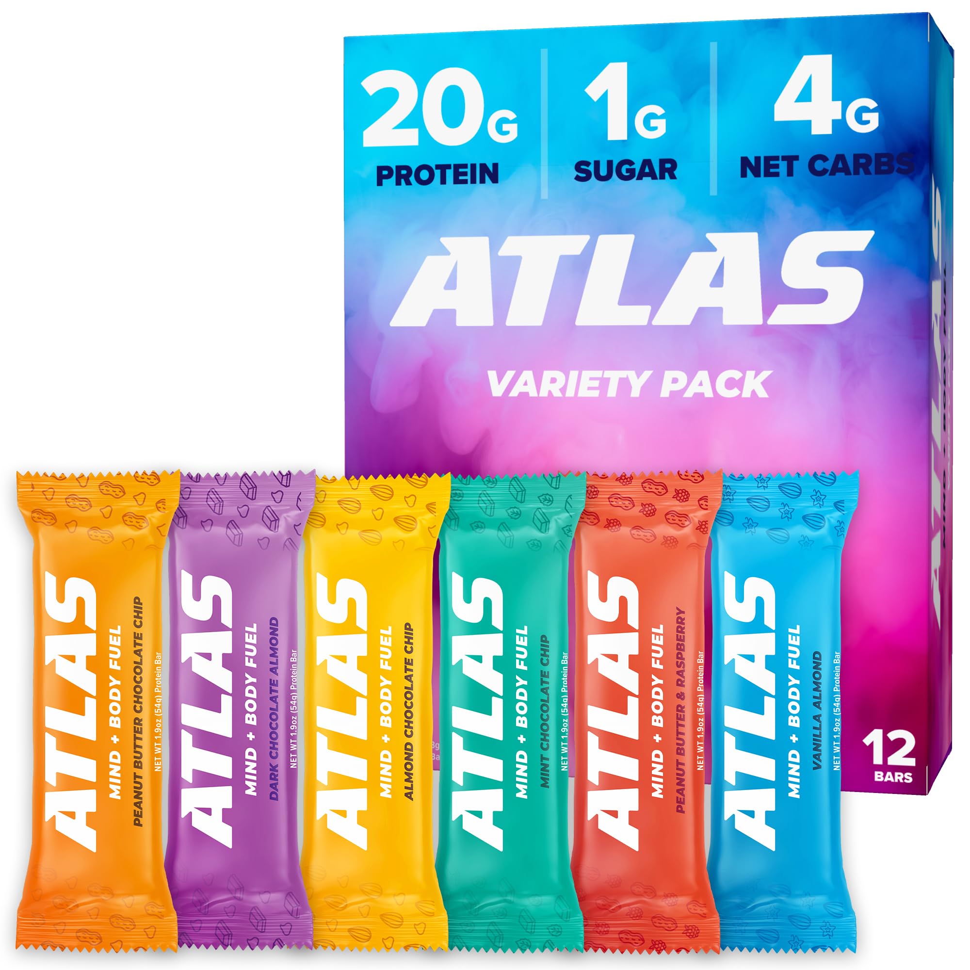Atlas Protein Bar, 20g Protein, 1g Sugar, Clean Ingredients, Gluten Free, Whey Variety (12 Count, Pack of 3)