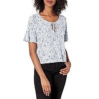 Lucky Brand Women's Short Sleeve Tie Neck Pintuck Hi Low Top