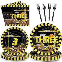 100 Pcs Construction 3rd Birthday Party Tableware Set 3 Years Old Birthday Dinnerware Disposable Construction Plates Napkins Forks for Dump Truck Birthday Party Supplies Serves 25 Guests