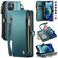 Defencase for iPhone 12/12 Pro Case, RFID Blocking for iPhone 12 Wallet Case for Women with Card Holder, Zipper Magnetic Flip PU Leather Strap Protective Cover for iPhone 12/Pro Phone Case, Blue Green