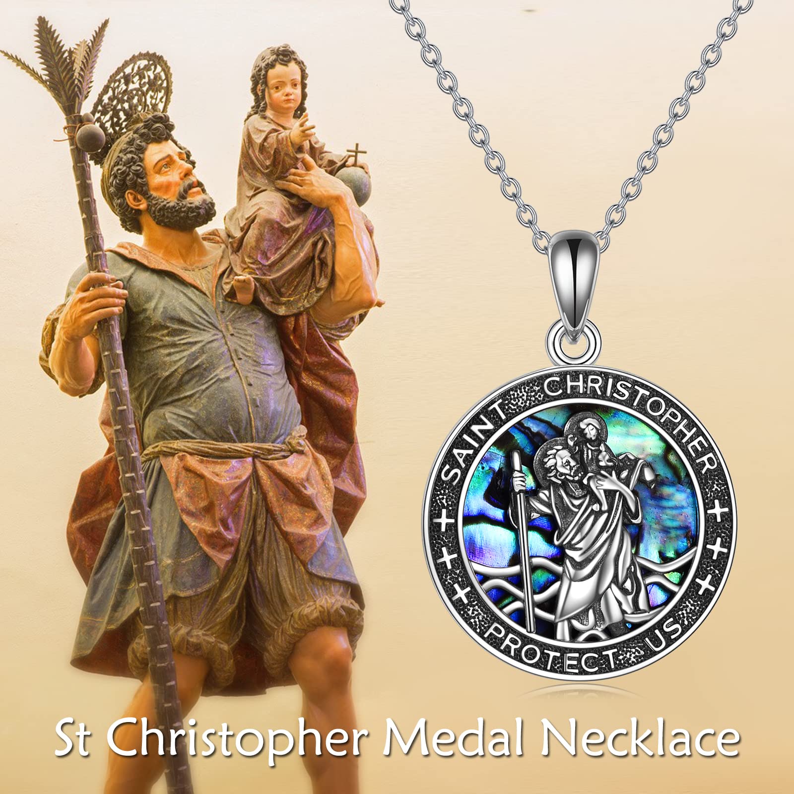 WTENIY Saint Christopher Necklace for Men Women, Sterling Silver St Christopher Medallion Travel Protection Pendant Necklace Jewelry