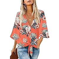 LookbookStore Women's V Neck Button Down Shirts 3/4 Bell Sleeve Tie Knot Blouse
