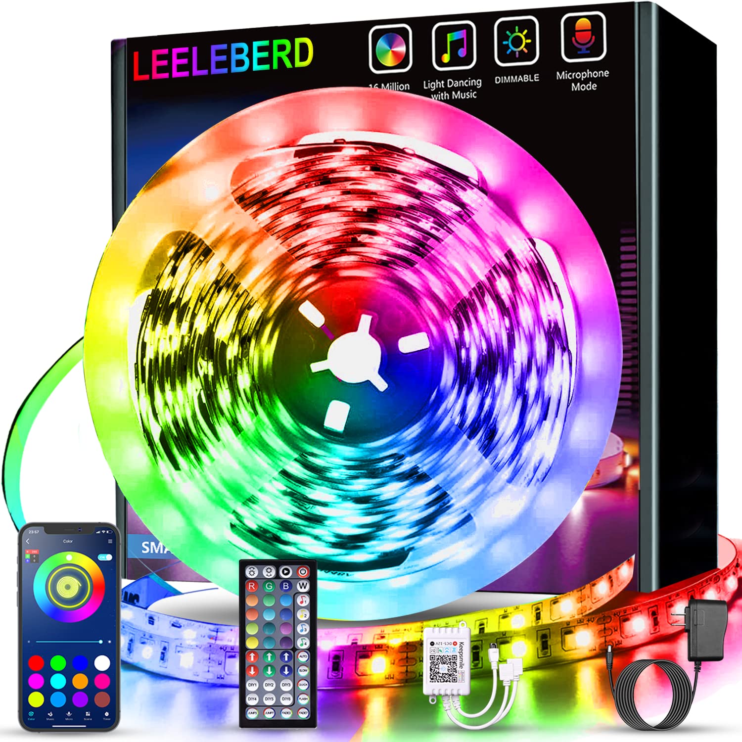 50ft Led Lights for Bedroom, Bluetooth Smart APP Control 5050 RGB Color Changing Led Strip Lights with Remote Control and Power Adapter Led Lights for Room Kitchen Party Home Decoration