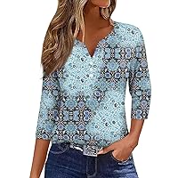 3/4 Sleeve Tops for Women, 2024 Floral Print Vintage Fashion Casual Loose Round Neck Plus Size Trendy Shirts
