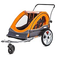 Quick-N-EZ Double Tow Behind Bike Trailer for Toddlers, Kids, Converts to Stroller, Jogger, 2-in-1 Canopy, Universal Bicycle Coupler, Folding Frame, Multiple Colors