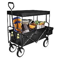 YSSOA Heavy Duty Folding Portable Hand Cart with Removable Canopy, 8'' Wheels, Adjustable Handles and Double Fabric for Shopping, Picnic, Beach, Camping…