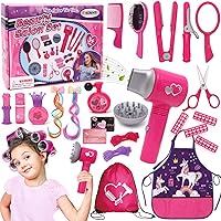Hair Salon Toys for Girls Beauty Salon Set with Pretend Play Hair Salon Stylist Toy Kit with Barber Apron, Hair Dryer, Mirror, Scissors and Styling Accessories