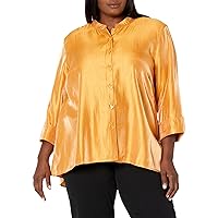 Women's Plus Size 5 Quarters Sleeve Button Front Stand Collar Hi-Lo Shirt, Amber, 2X