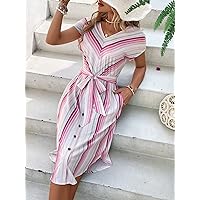 Dresses for Women - Striped Print Batwing Sleeve Belted Dress (Color : Multicolor, Size : X-Large)