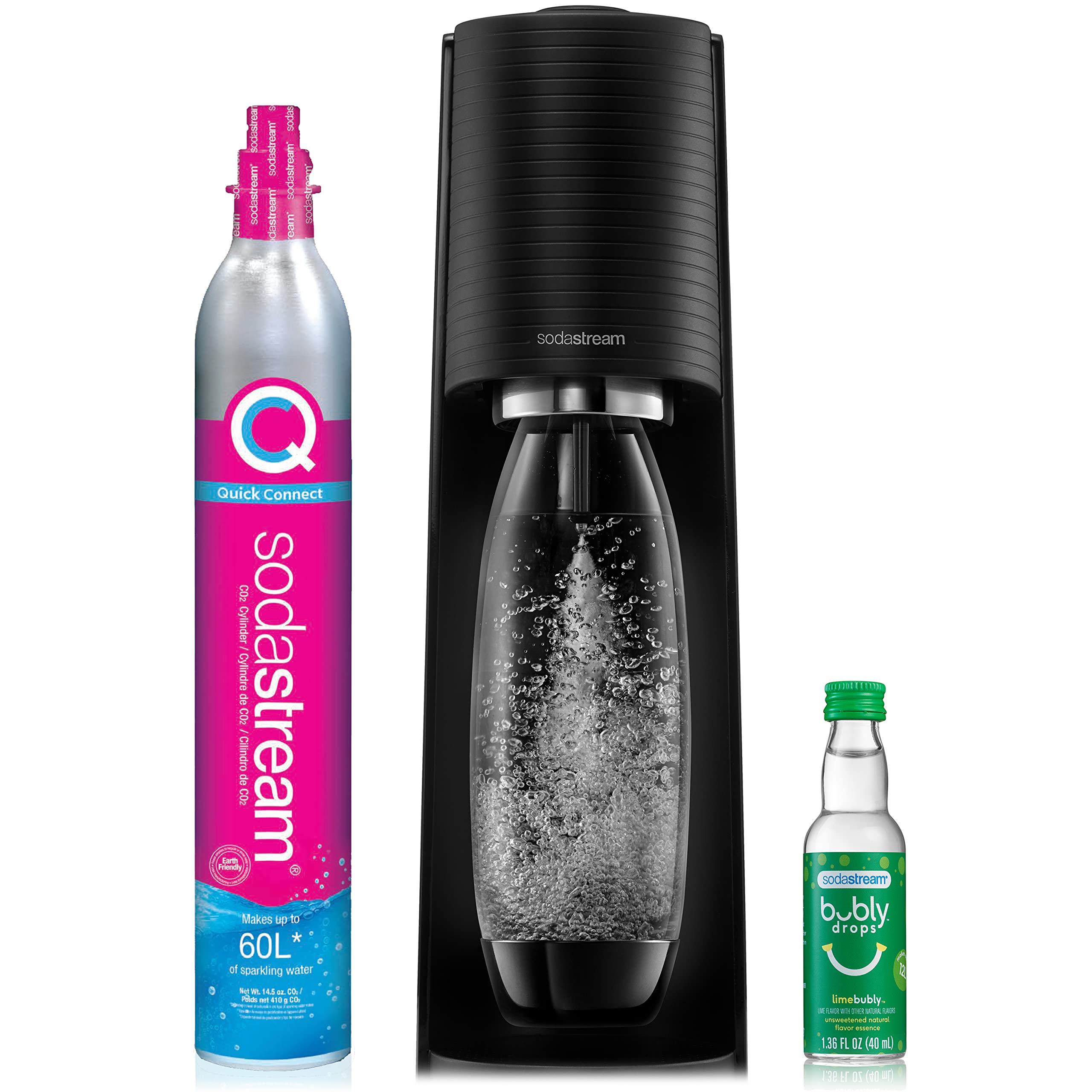 SodaStream Terra Sparkling Water Maker (Black) with CO2, DWS Bottle and Bubly Drop, Battery Powered & 60 L Co2 Exchange Carbonator, 14.5 Oz, Set of 2, Plus $15 Amazon.com Gift Card with Exchange