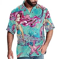 Mens Hawaiian Shirts Short Sleeve, Short Sleeve Shirts for Men, Hawaiian Shirt for Women, Pink Mermaid Turtle Shell