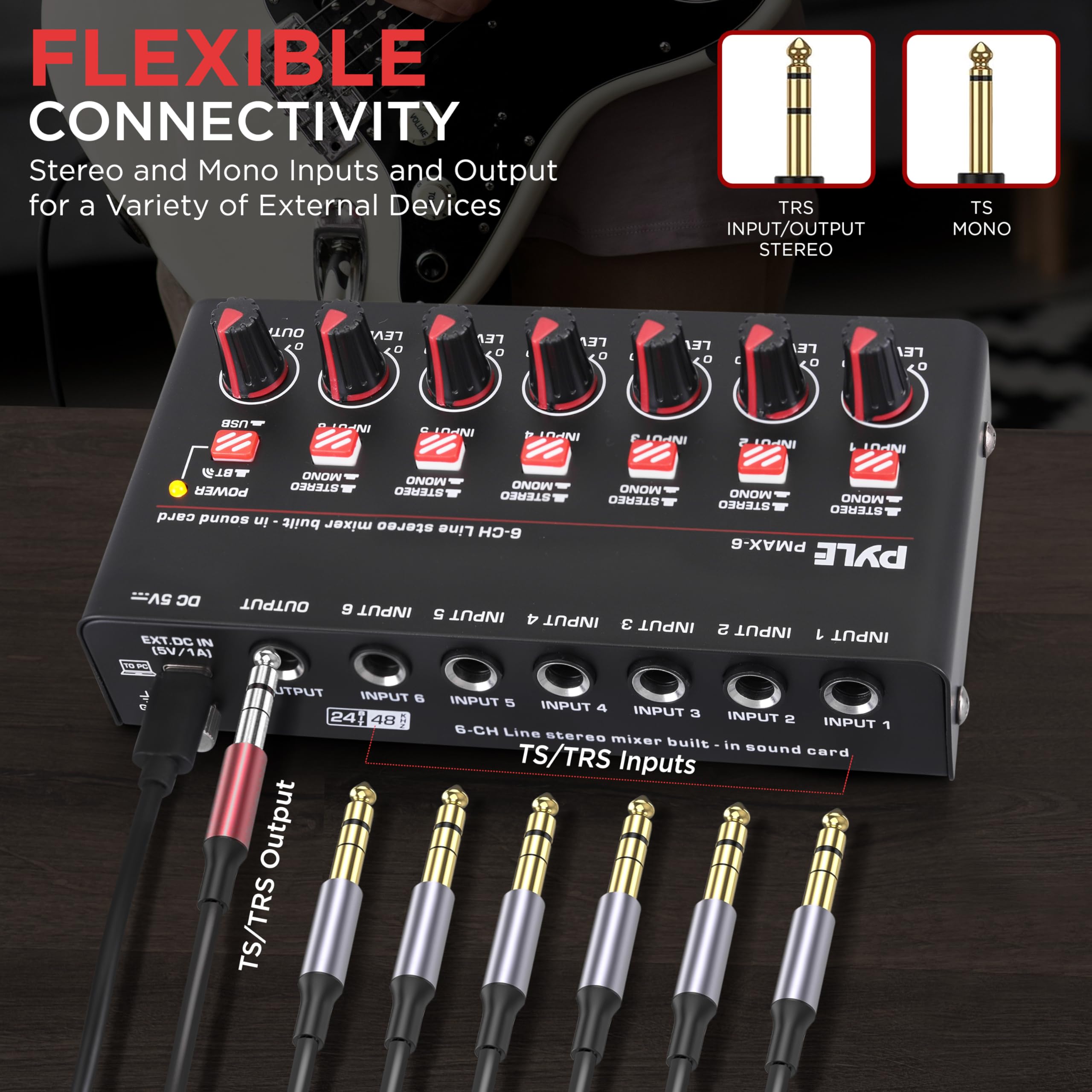 6-Channel Wireless BT Streaming Mini Line Mixer with USB Audio Interface - 6 Mono/Stereo Switching Inputs | Ultra-low Noise Design with High Headroom | Built-in USB Sound Card