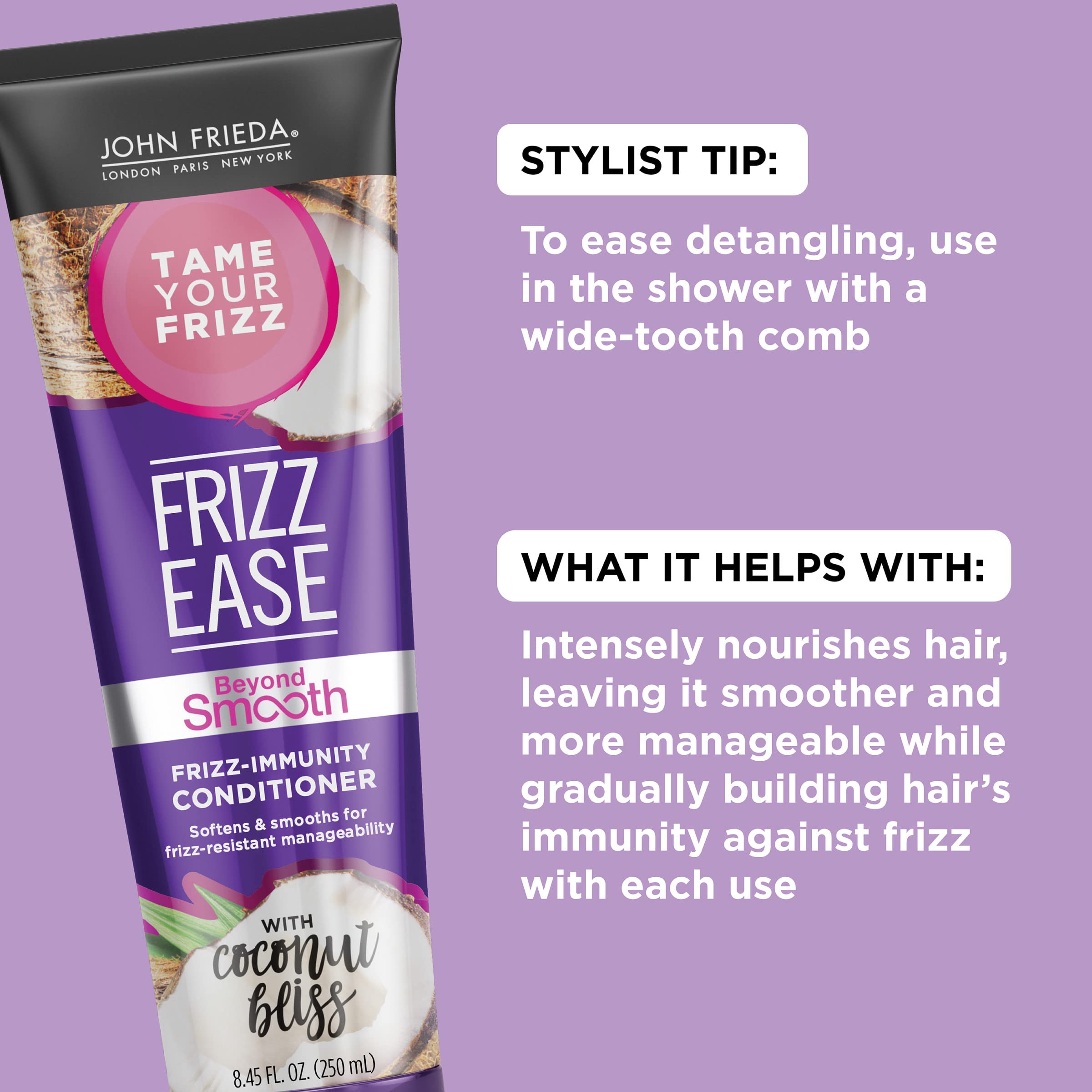 John Frieda Frizz Ease Beyond Smooth Frizz-Immunity Conditioner, Anti-Humidity Conditioner, Prevents Frizz, 8.45 Ounces, with Pure Coconut Oil