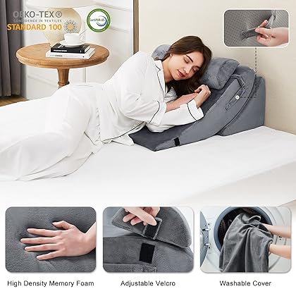 HomeMate 4pcs Orthopedic Bed Wedge Pillow Set, Post Surgery Foam Pillows for Back, Neck and Leg Pain Relief, Adjustable Wedge Pillow for Sleeping-Acid Reflux,Anti Snoring, Heartburn & GERD Sleeping