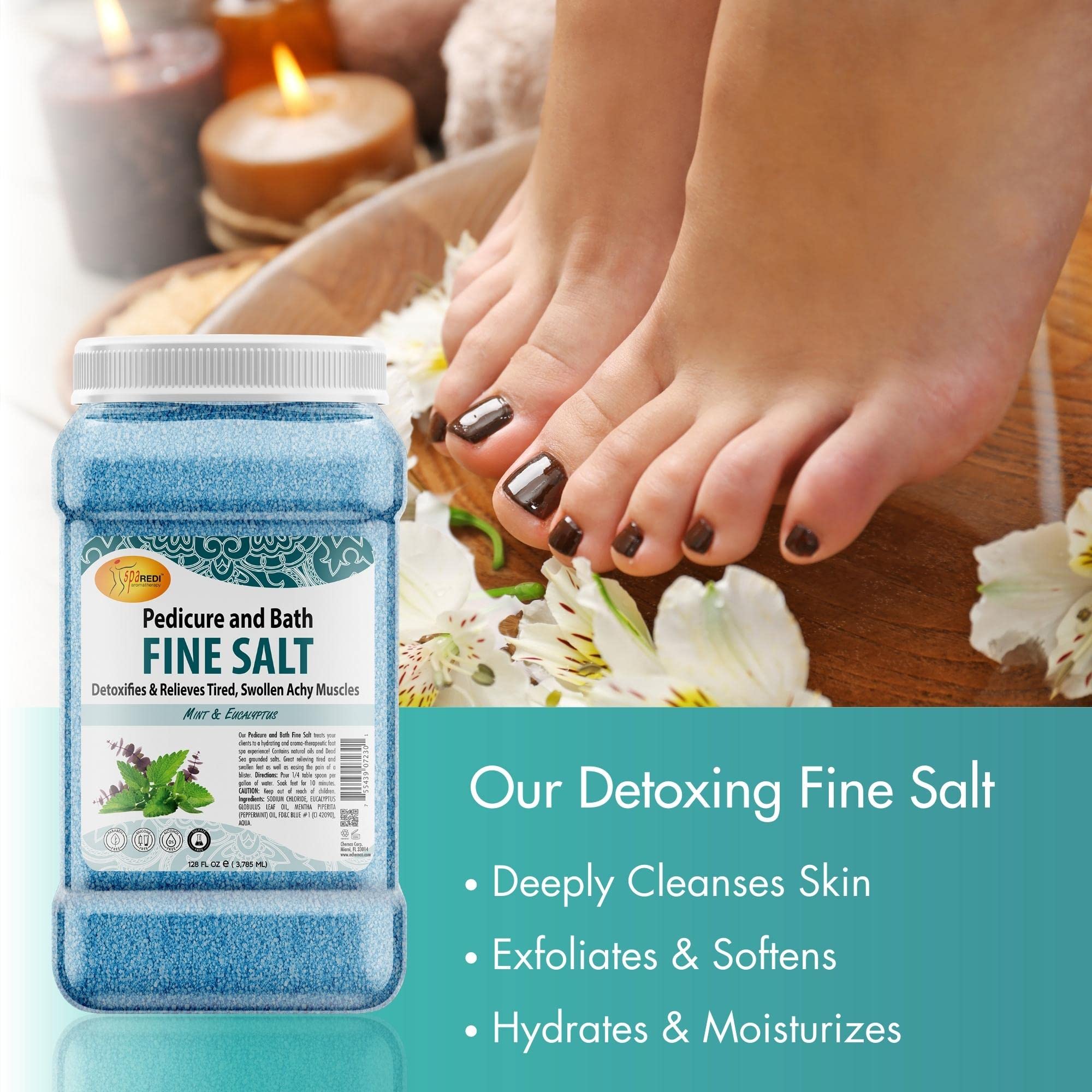 SPA REDI - Detox Foot Soak Pedicure and Bath Fine Salt, Mint and Eucalyptus, 128 Oz - Made with Dead Sea Salts, Argan Oil, Coconut Oil, and Essential Oil - Hydrates, Softens and Moisturizes