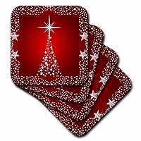 3dRose Silver Star Christmas Tree with Holiday Red Background - Soft Coasters, Set of 4 (CST_164753_1)