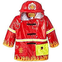 Red Fireman All-Weather Raincoat for Boys w/Fun Flames, Chief Badge, Reflective Strips