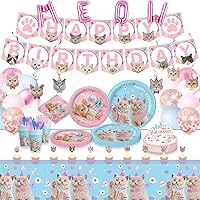 223 Pieces Cat Party Supplies Set - (Serves 20) - Cat Birthday Party Decorations for Girls/Boys - Kitten Disposable Dinnerware with Happy Birthday Banner Large Foil Balloons Cake Topper, Plates Cups,
