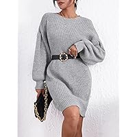Women's Dress Sweater Dress for Women Lantern Sleeve Sweater Dress Without Belt (Color : Gray, Size : Medium)