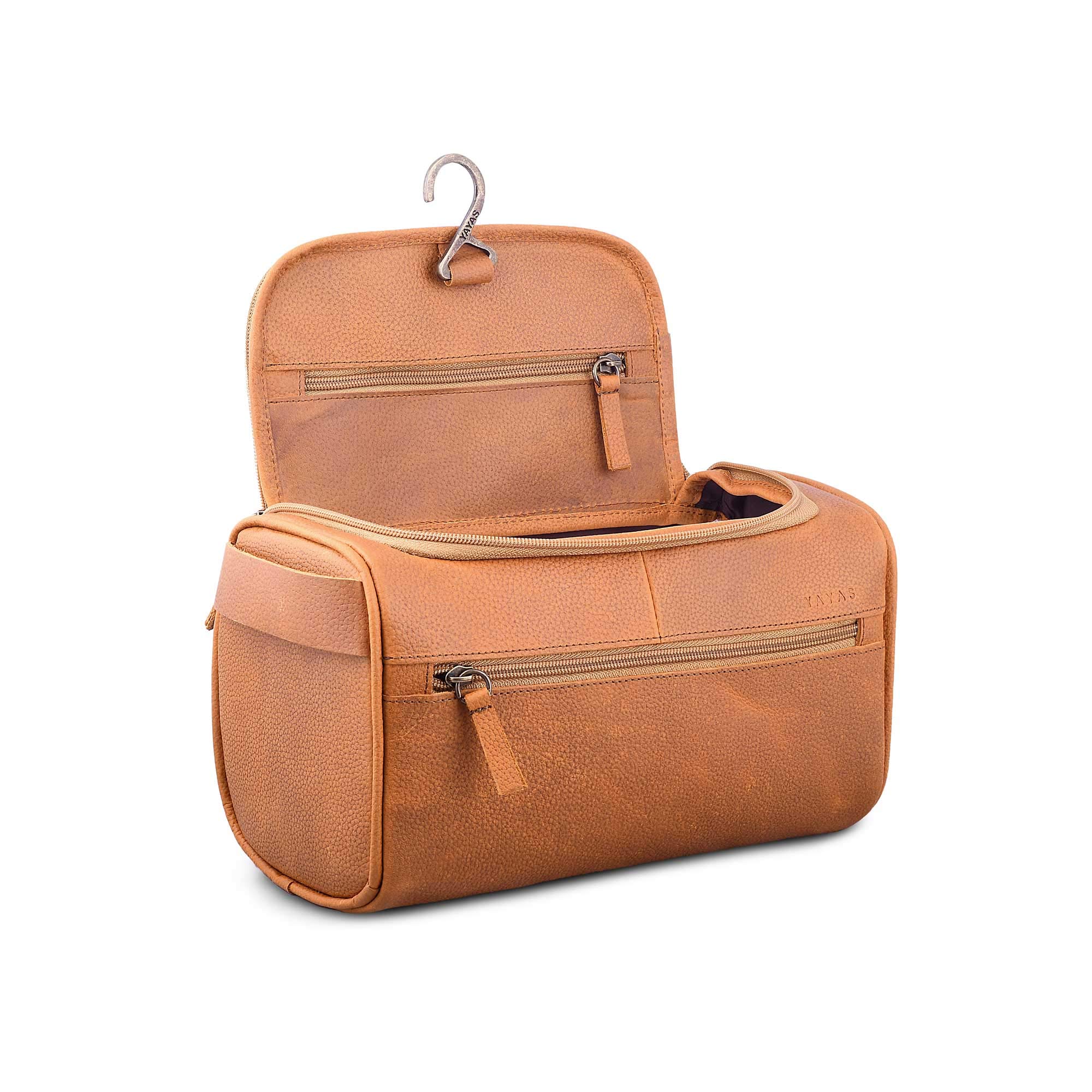 YAYAS Leather Light Brown Hanging Travel Toiletry Bag for Men and Women Large Toiletry Organizer Hygiene Bag with Metal Swivel Hook,Durable Zippers...