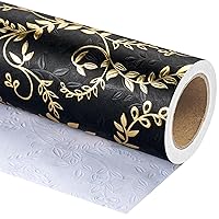 WRAPAHOLIC 3D Kraft Wrapping Paper Roll - Mini Roll - 17 Inch X 16.5 Feet - Gold and Black Leaves Design with Embossed Perfect for Birthday, Holiday, Wedding, Baby Shower