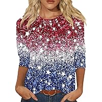 American Flag Shirt Women Plus Size Patriotic Shirts Three Quarter Sleeve Round Neck Stars Stripes 4th of July T-Shirt