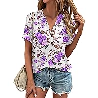 Womens Blouse Flower Printing Women's Short Sleeved T-Shirt Summer Button V-Neck Top Loose T-Shirt Top