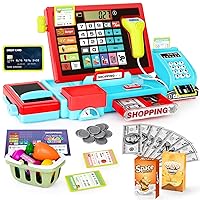 Cash Register Toy for Kids-52PCS Real Calculator Cash Register, Pretend Play Store with Music/Scanner/Credit Card/ Play Money/ Food/Microphone, Learning Toy Playset Gift for Toddler Boy Girl