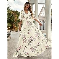 Dresses for Women Women's Dress Floral Print Butterfly Sleeve Chiffon Dress Dresses (Color : Yellow, Size : Small)