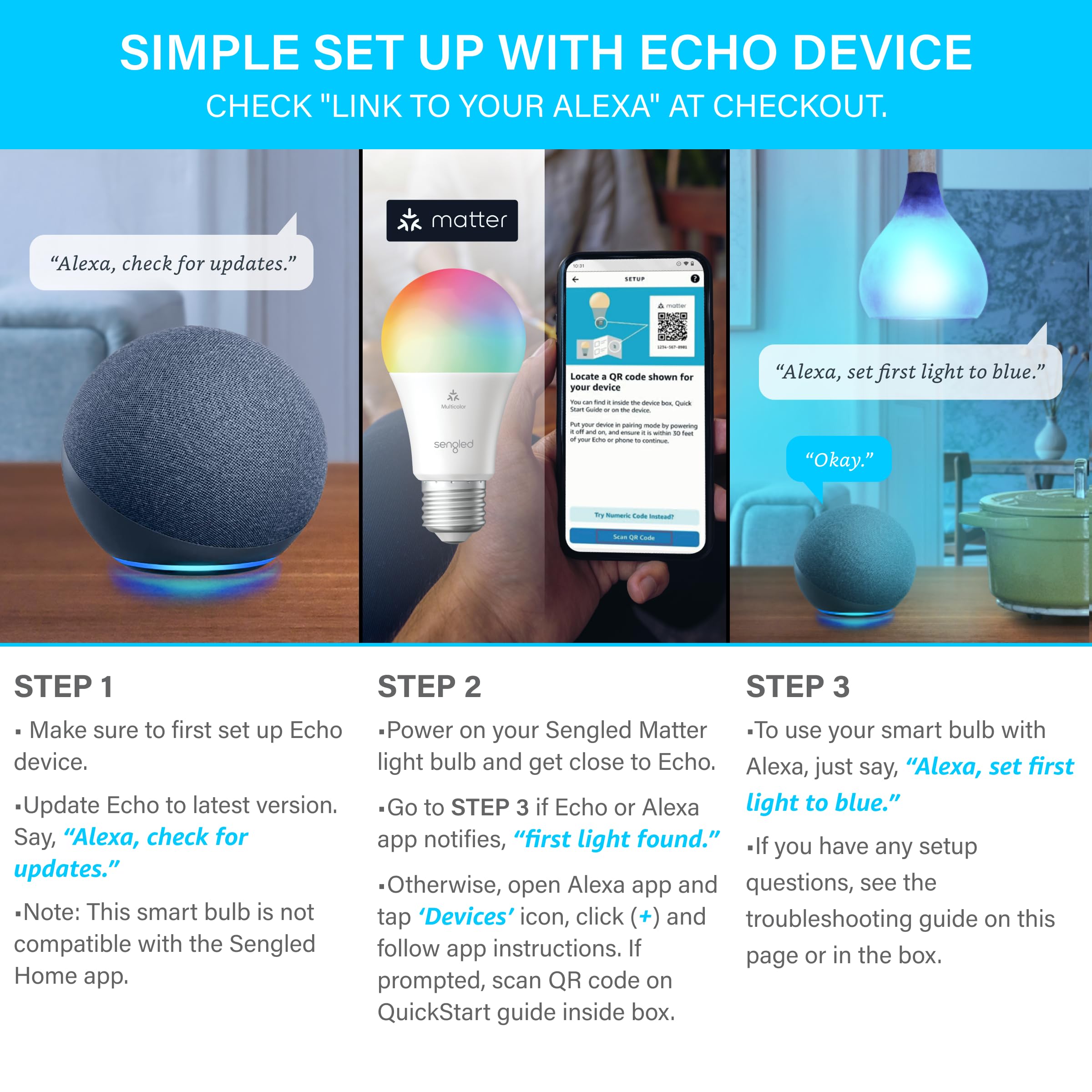 Echo Dot (5th Gen) with Clock | Cloud Blue with Sengled Smart Color Bulb