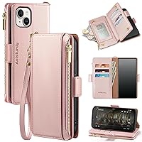 Antsturdy Compatible with iPhone 15 Plus Wallet Case,【RFID Blocking】 PU Leather Phone Case Women Men with Card Holder Flip Cover Wrist Strap Zipper Credit Card Slots for Apple 15 Plus,Rose Gold