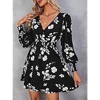 Fall Dresses for Women 2022 Floral Print Lantern Sleeve Dress (Color : Black, Size : Small)