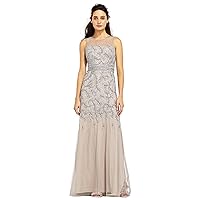 Adrianna Papell Women's Fully Beaded Long Sleevless Gown with Illusion Neckline