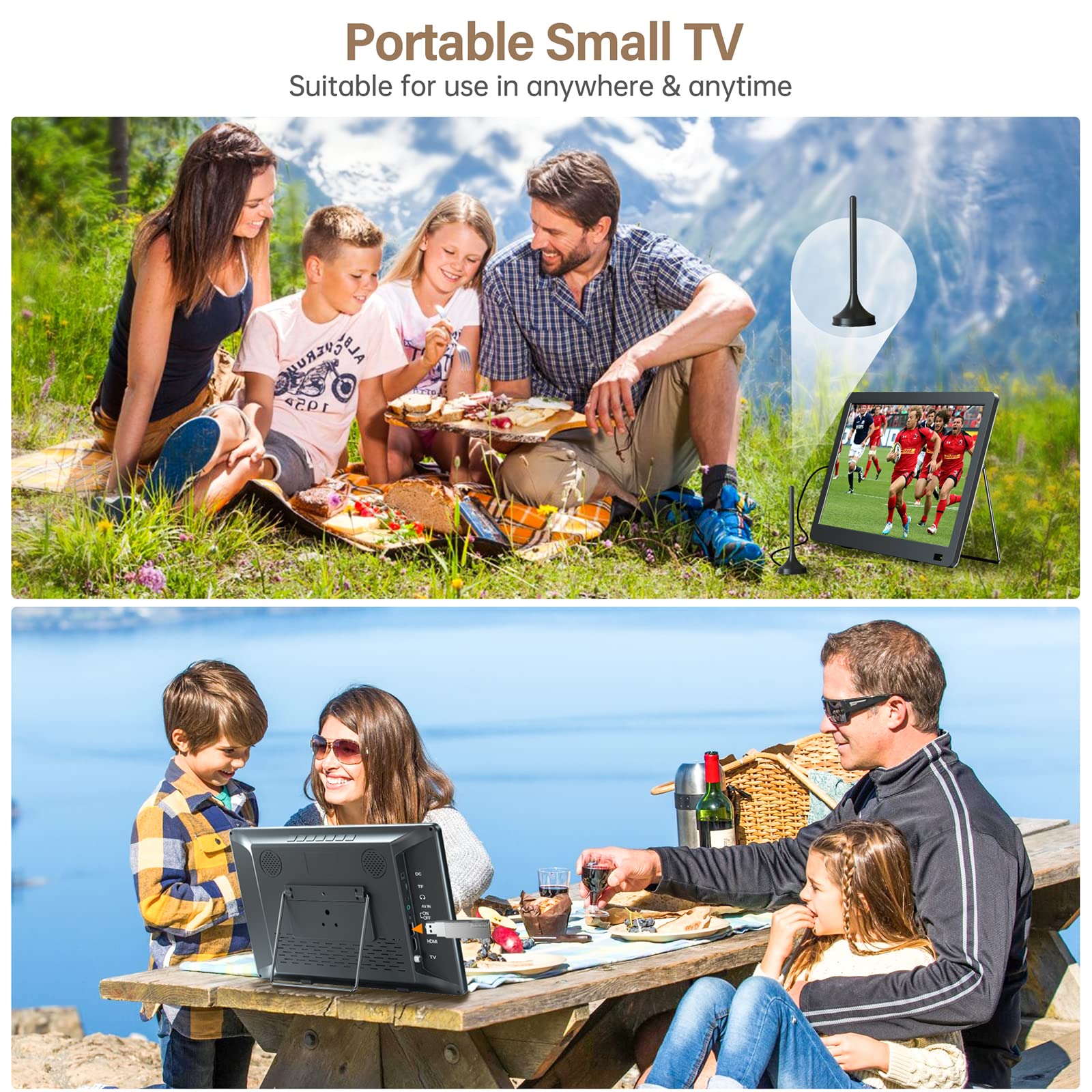 14 inch Portable TV with Antenna, DESOBRY Portable Small TV with ATSC Tuner, Rechargeable Battery Operated Mini TV LCD Monitor 1080P,Built-in TV Stand,HDMI Input,USB,AV In,Supports Camping,Kitchen,Car