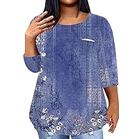 Tops for Women Plus Size Oversized Tshirts for Women 2024 Summer 3/4 Sleeve Print Fashion Loose Fit with Round Neck Pockets Blouses Blue 4X-Large