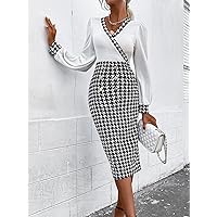 Dresses for Women Dress Women's Dress Houndstooth Print Split Back Bishop Sleeve Bodycon Dress Dress (Color : Black and White, Size : X-Small)