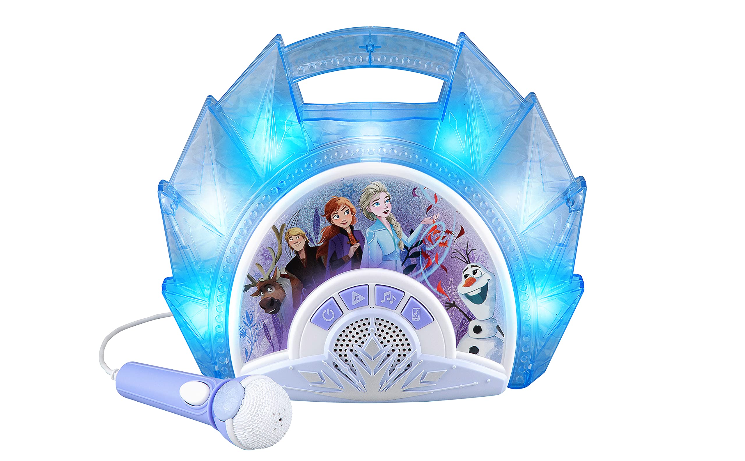 eKids Frozen Sing Along Boom Box Speaker with Microphone for Fans of Frozen Toys for Girls, Kids Karaoke Machine with Built in Music and Flashing Lights, Blue, 3.5mm Audio Jack